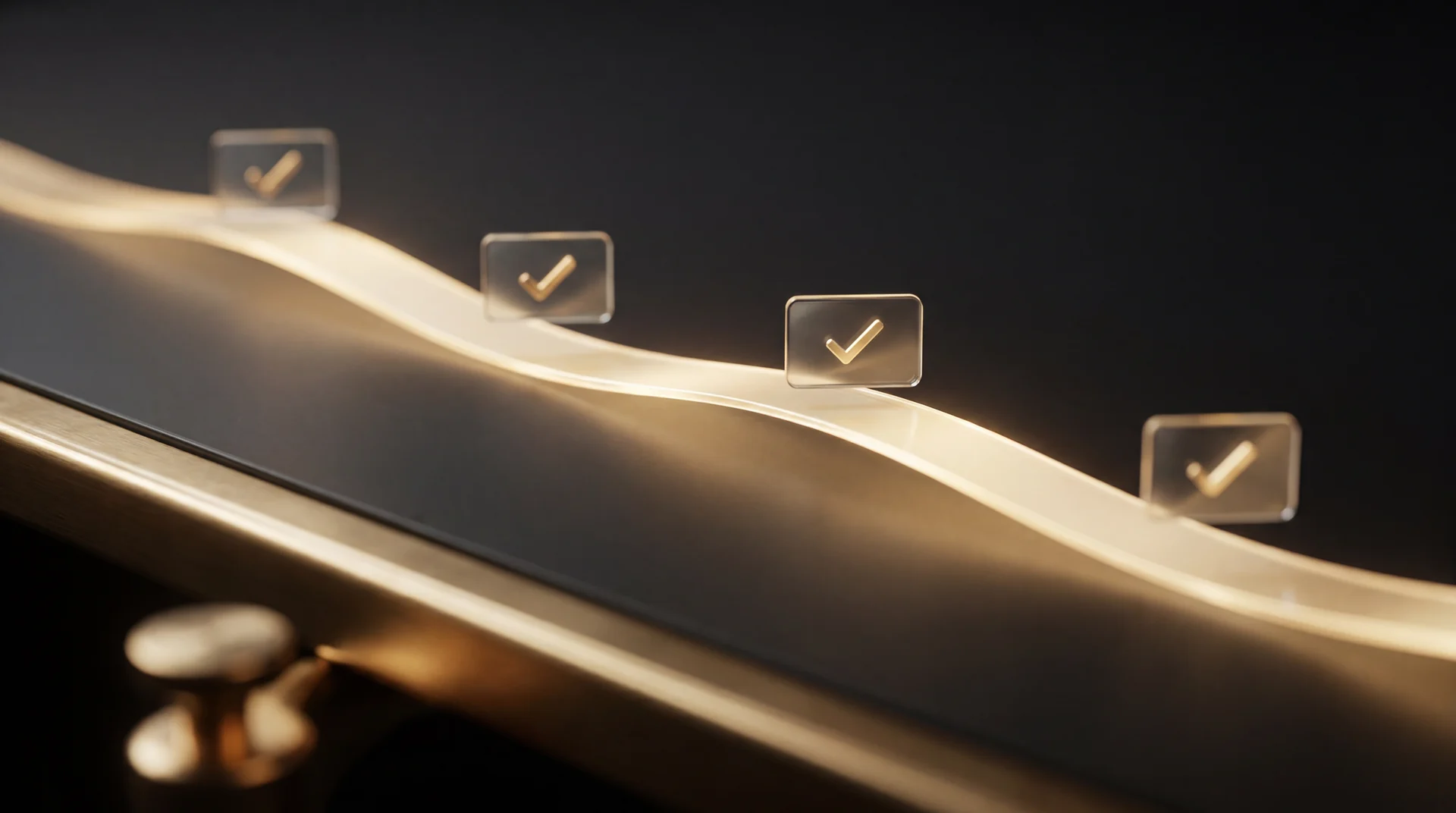 A glowing golden delivery timeline with verified milestones: payment, intake, build, delivered
